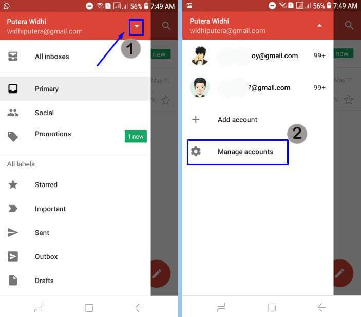 Klik icon segitiga terbalik dan pilih Manage accounts