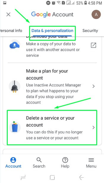 4. Pilih Data and personalization dan geser ke bawah pilihlah Delete a service or your account