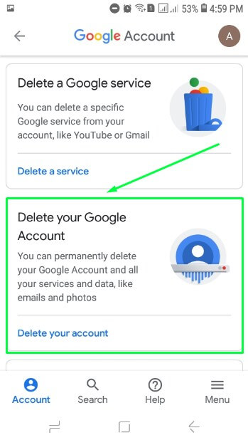 5. Pada tampilan Delete, pilihlah Delete your account di bagian opsi Delete your Google Account