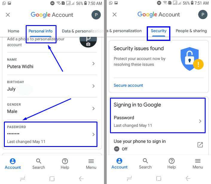 Di Google Account pilih menu Personal info atau bisa Security dan geser kebawah pilih PASSWORD