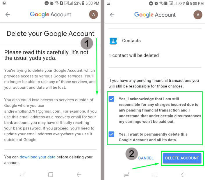 7. Pada tampilan Delete you Google Account kamu geser kebawah, lalu centang di dua Yes dan pilih Delete Account