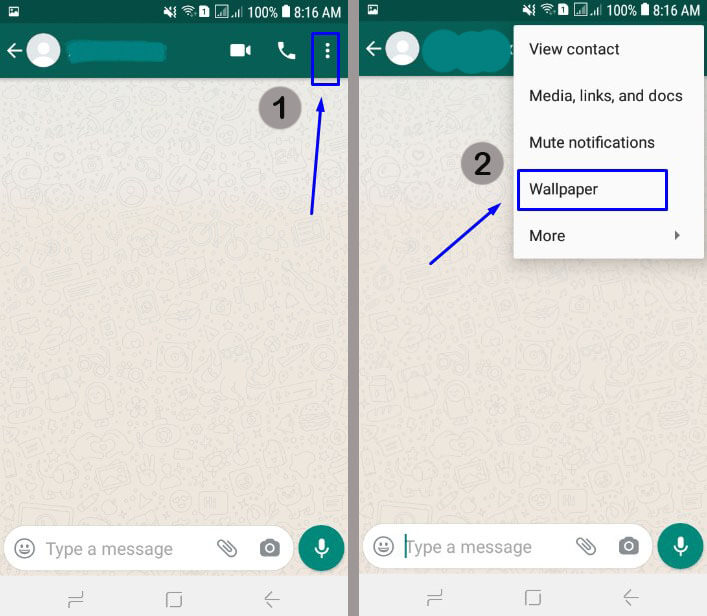 Buka Chat WA, pilih tiga titik dan pilih Wallpaper