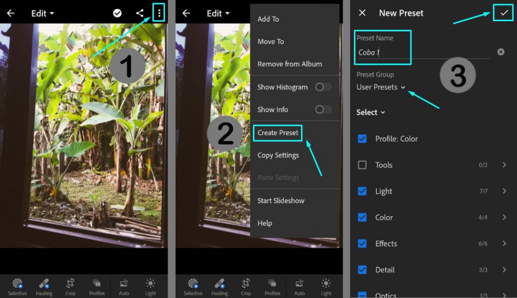 Buka Menu lalu pilih Create Preset dan Simpan sebagai Preset baru di User Presets