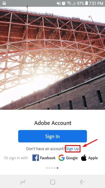 Pilih Sign Up untuk mendaftar akun Adobe Lightroom