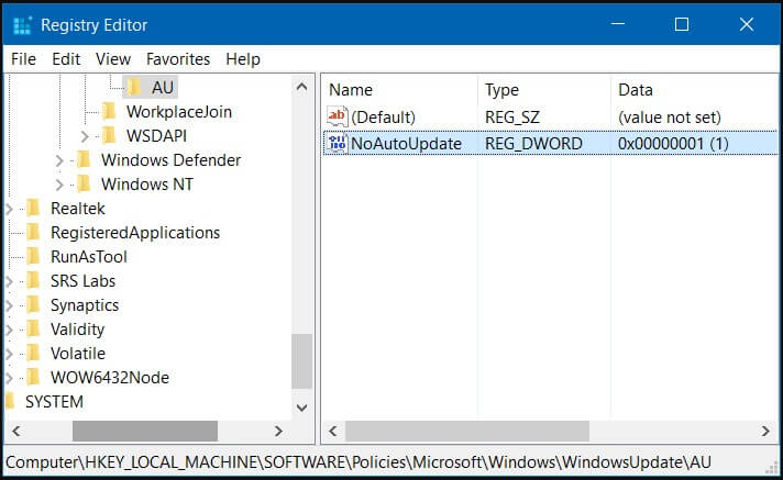 Buka folder AU pada Windows Update di Registry Editor