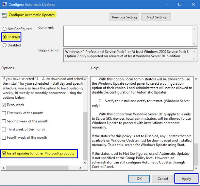 Ubah jadi Enabled di Configure Automatic Updates