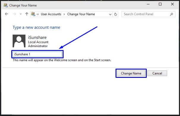 Ketik nama akun yang baru dan pilih Change Name