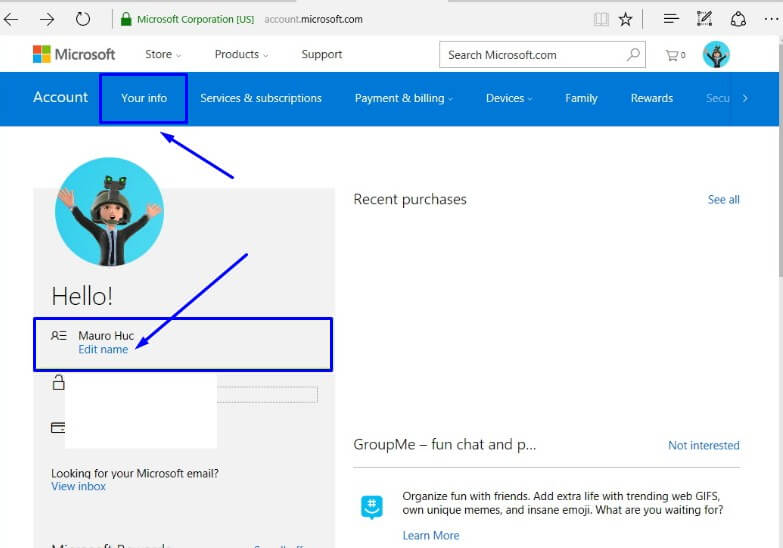 Pilih Edit name di Halaman profil Microsoft