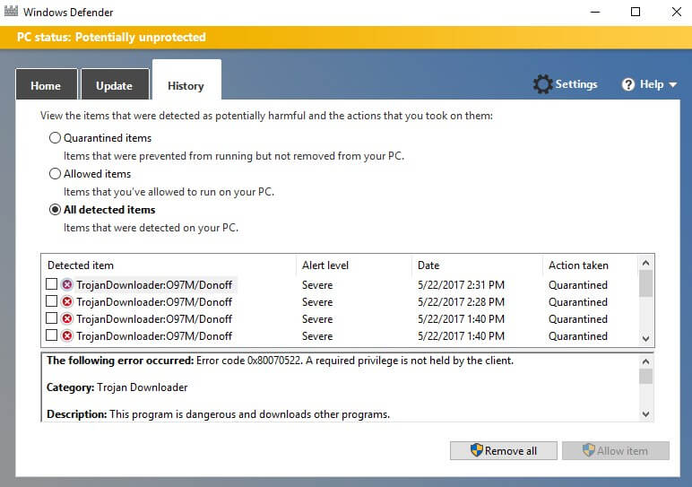 Quarantine Virus di Windows Defender