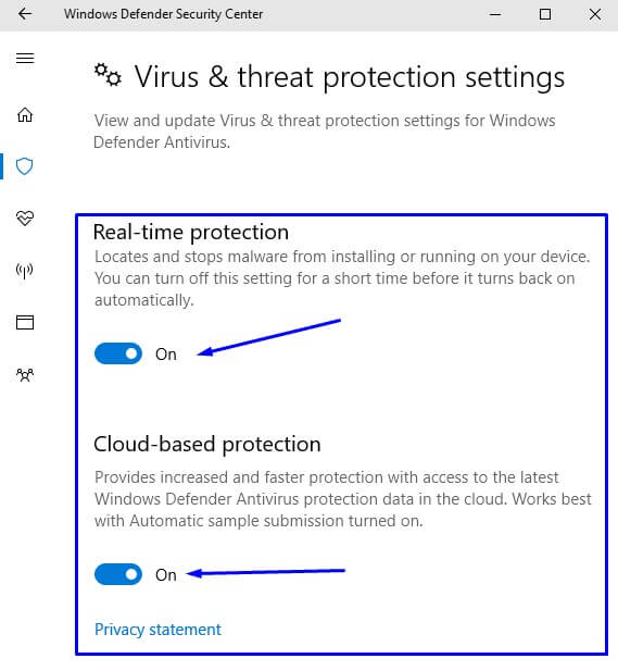 Setting Virus & threat protection settings di Windows Defender pada Windows 10