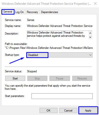 Pilih Disable pada Startup Type untuk menonaktifkan Windows Defender di Windows 10