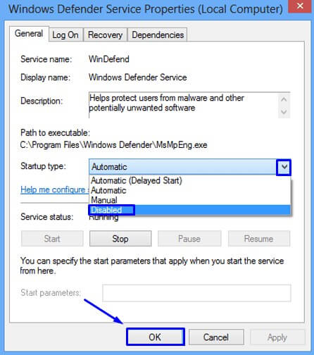 Disabled di Windows Defender Service Properties