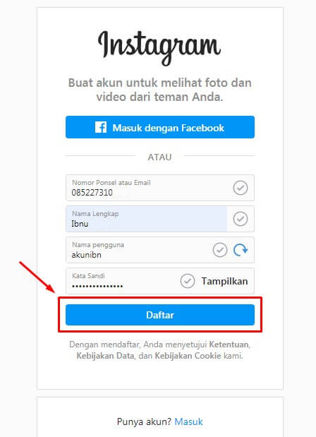 daftar akun instagram dari laptop atau komputer