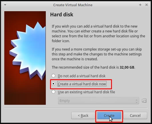 Pilih Create a virtual hard disk now