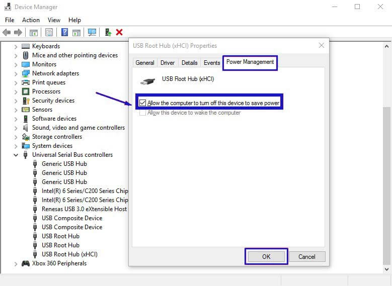 Hilangkan centang di USB Root Hub