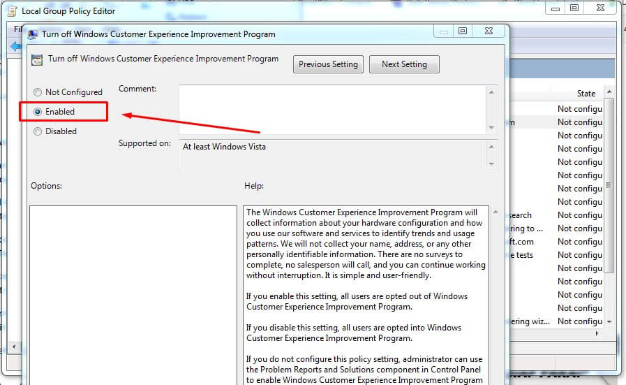 Ubah Enabled di Turn off Windows Customer Experience Improvement Program