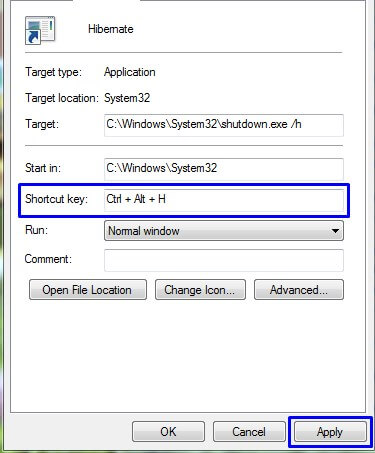 Isi Kombinasi Tombol Hibernate di Kolom Shortcut key