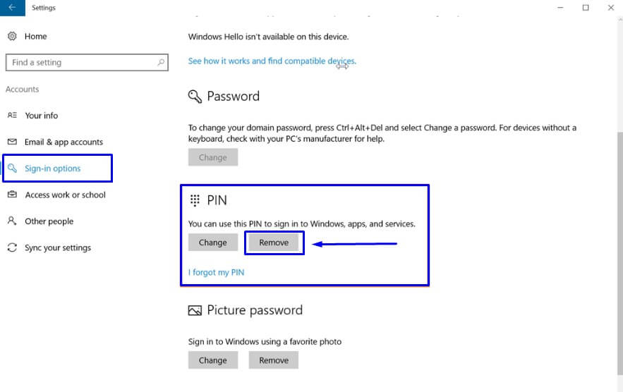 Klik Remove di Opsi PIN pada Sign-in options