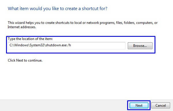 Masukan Kode Shortcut Hibernate di Kolom