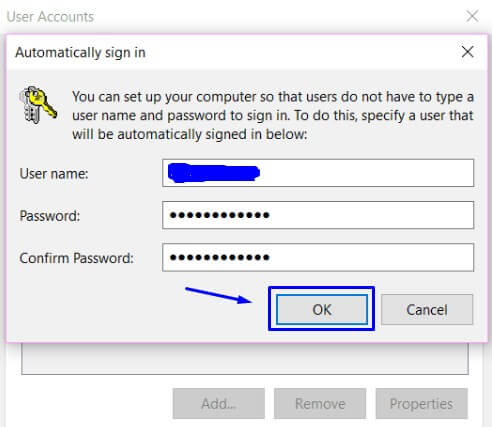 Masukan Password di Automatically Sign in