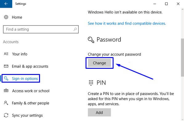 Pilih Change di Password pada Sign-in options