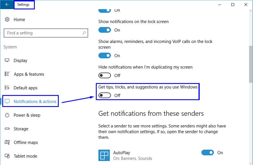 Turn Off pada Get tips, tricks, and suggestions as you use Windows