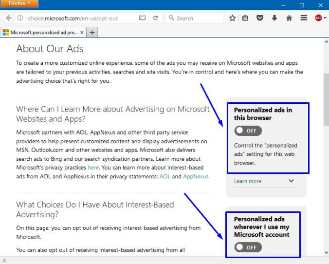 Ubah jadi Off di Personalized ads in this browser