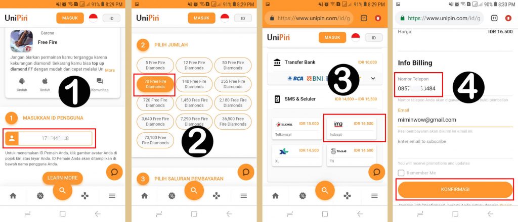 Cara Top Up FF Pakai Pulsa Indosat lewat UniPin