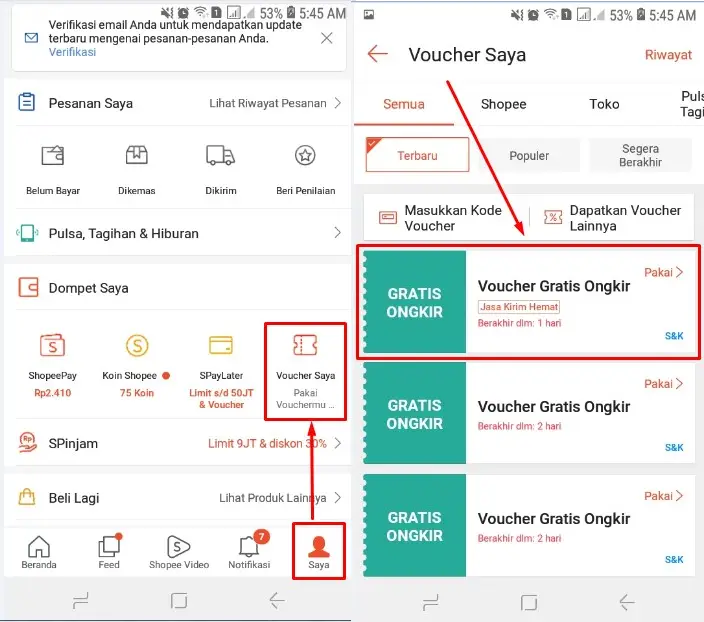 Cara mendapatkan voucher gratis ongkir melalui menu Voucher Saya