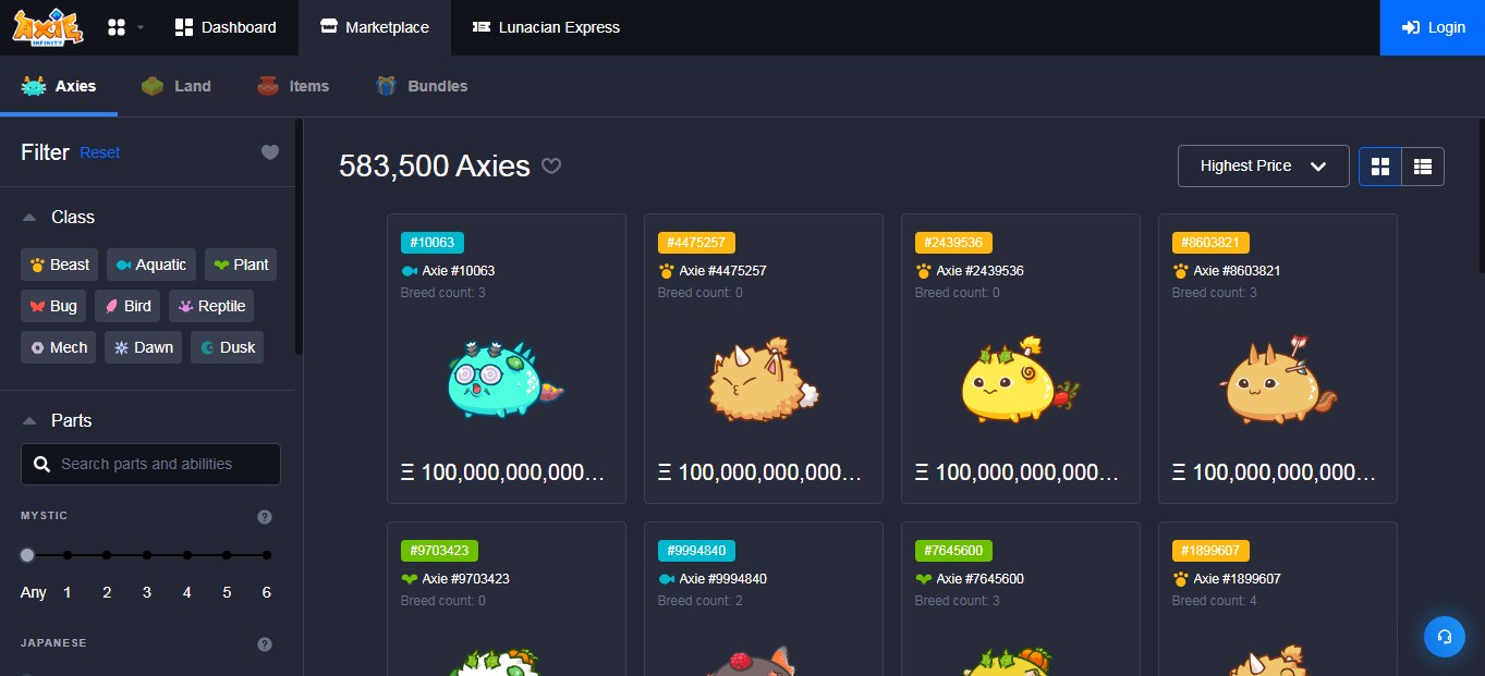 Marketplace Axie Infinity untuk menjual NFT