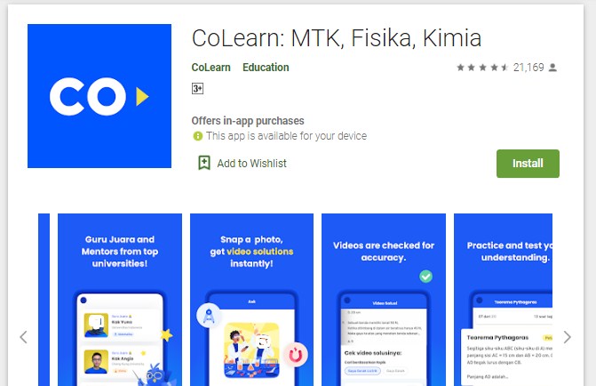 CoLearn merupakan aplikasi belajar Matematika, Fisika dan Kimia secara online Gratis