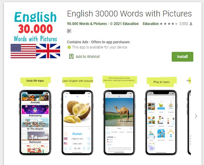 English 30000 Words with Pictures termasuk aplikasi bahasa inggris untuk belajar