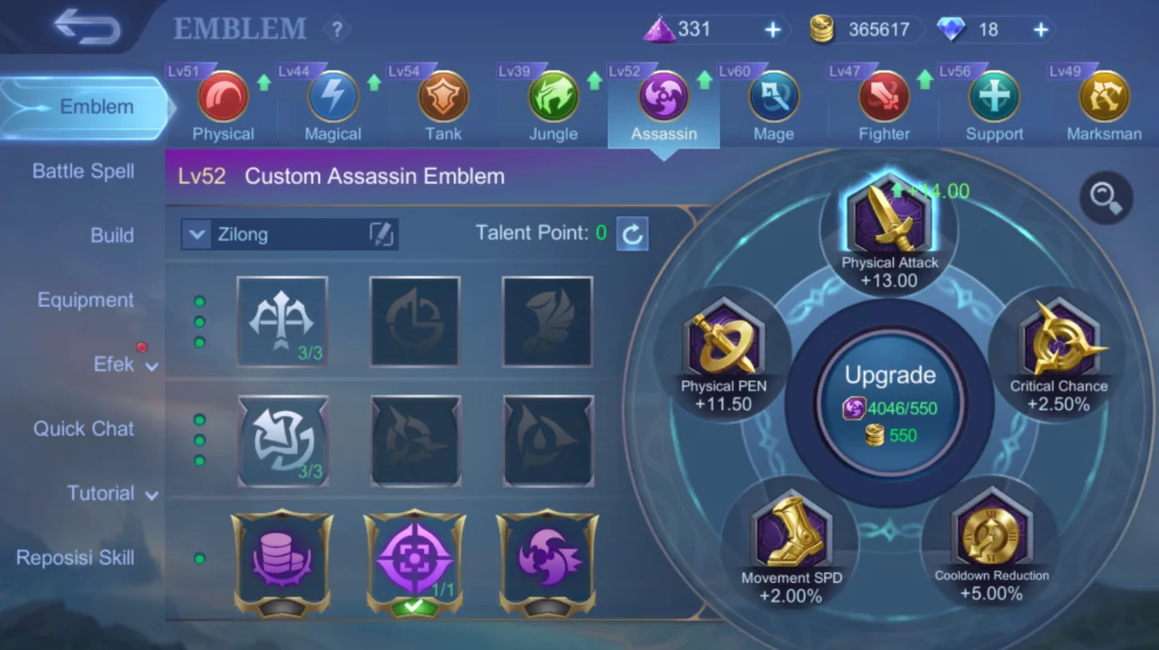 Build Zilong Tersakit dengan Emblem Zilong Assassin