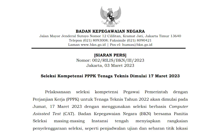 Syarat Seleksi PPPK Teknis 2023